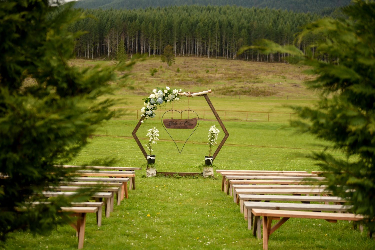 Rustic outdoor wedding venue with wooden benches arranged in rows on a green lawn.