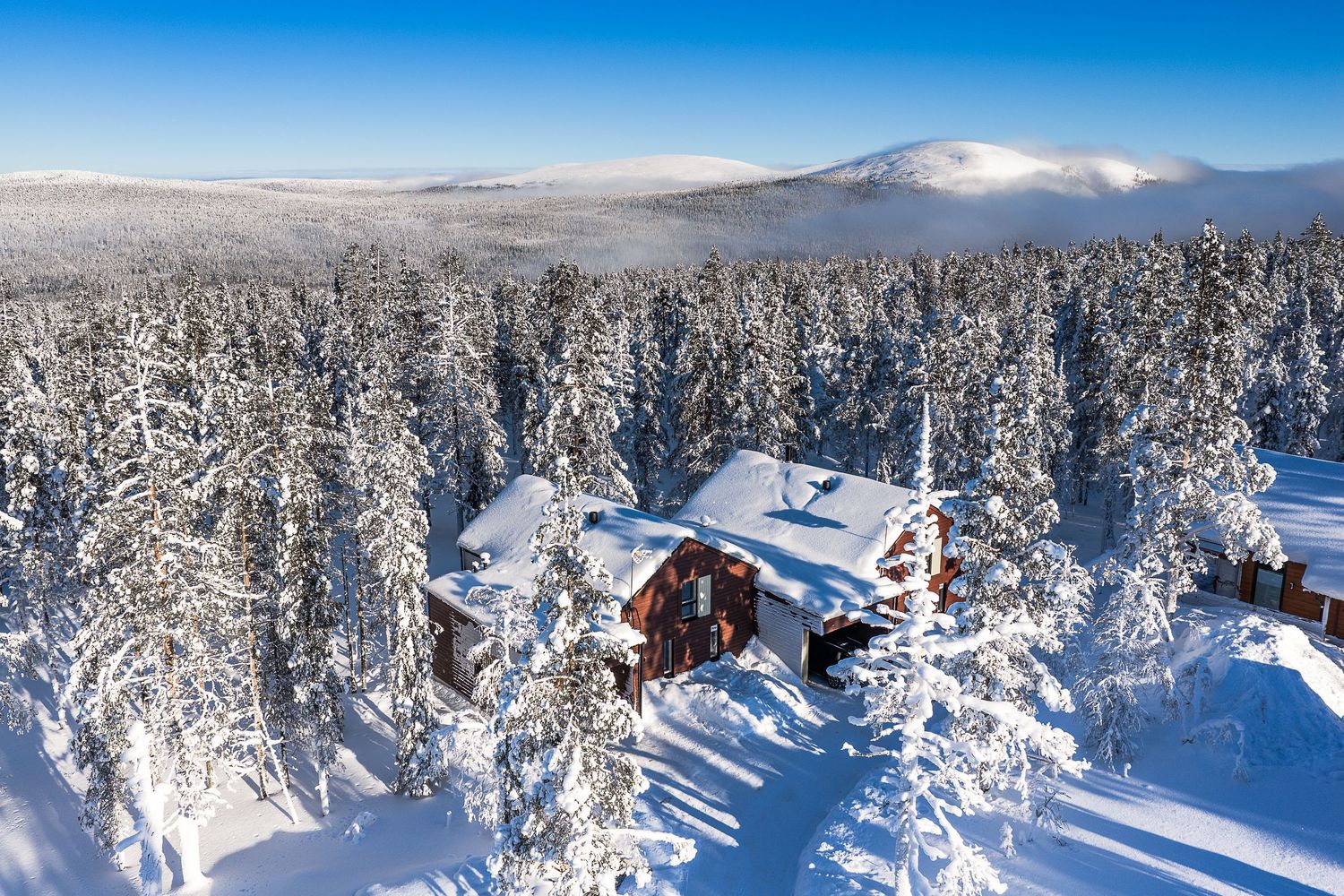 Snow-covered wooden cabin nestled among frost-laden pine trees with a mountain backdrop under clear blue sky.