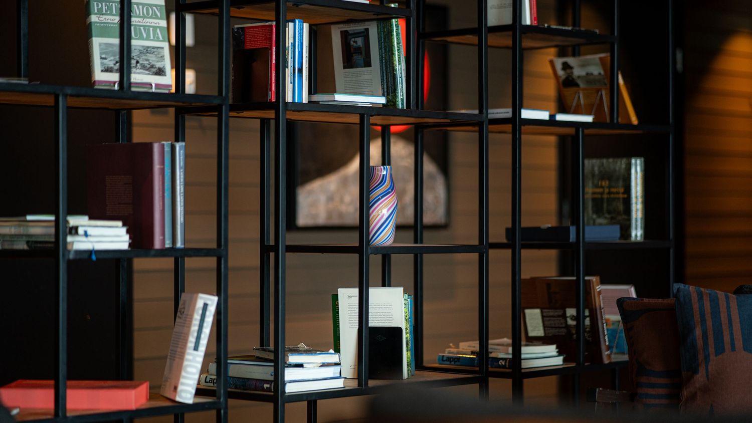 A stylish dark metal bookshelf filled with books and decorative items in a modern dimly lit interior space.