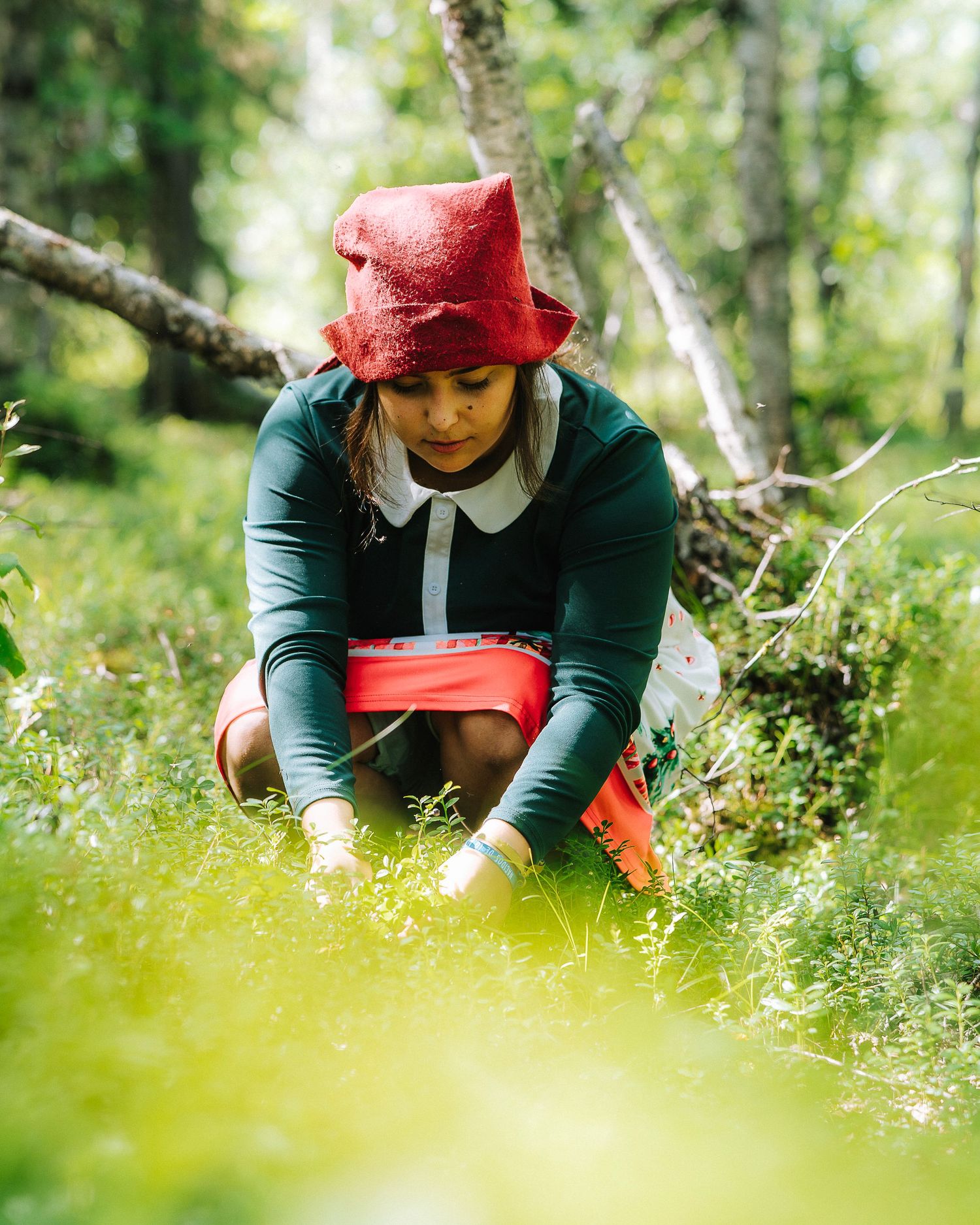A child in a red felt hat and green outfit crouches in a sunlit forest, examining plants on the ground.
