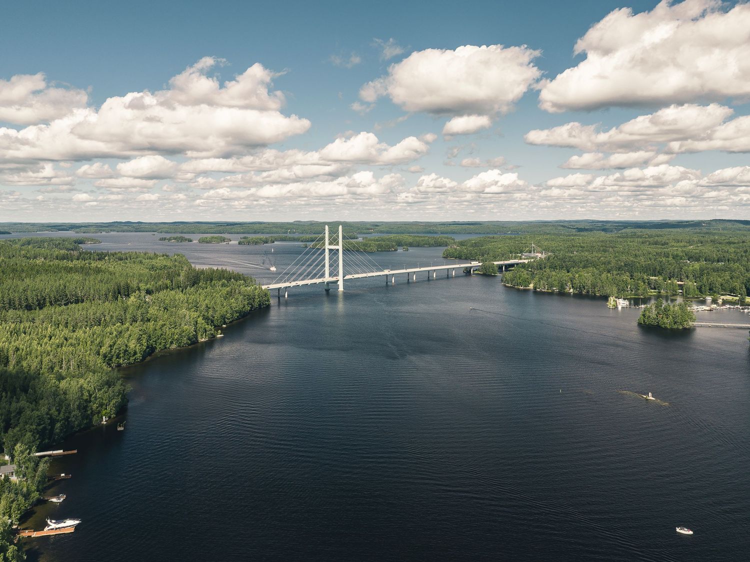 Aerial view of a cable-stayed bridge spanning a dark blue lake surrounded by dense green forest under a cloudy sky.