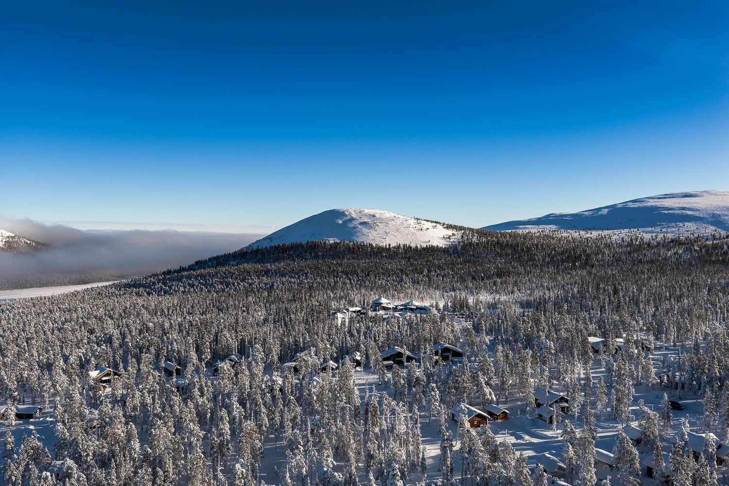 Aerial winter view of snow-covered pine forest with wooden cabins and mountain peaks under a clear blue sky.