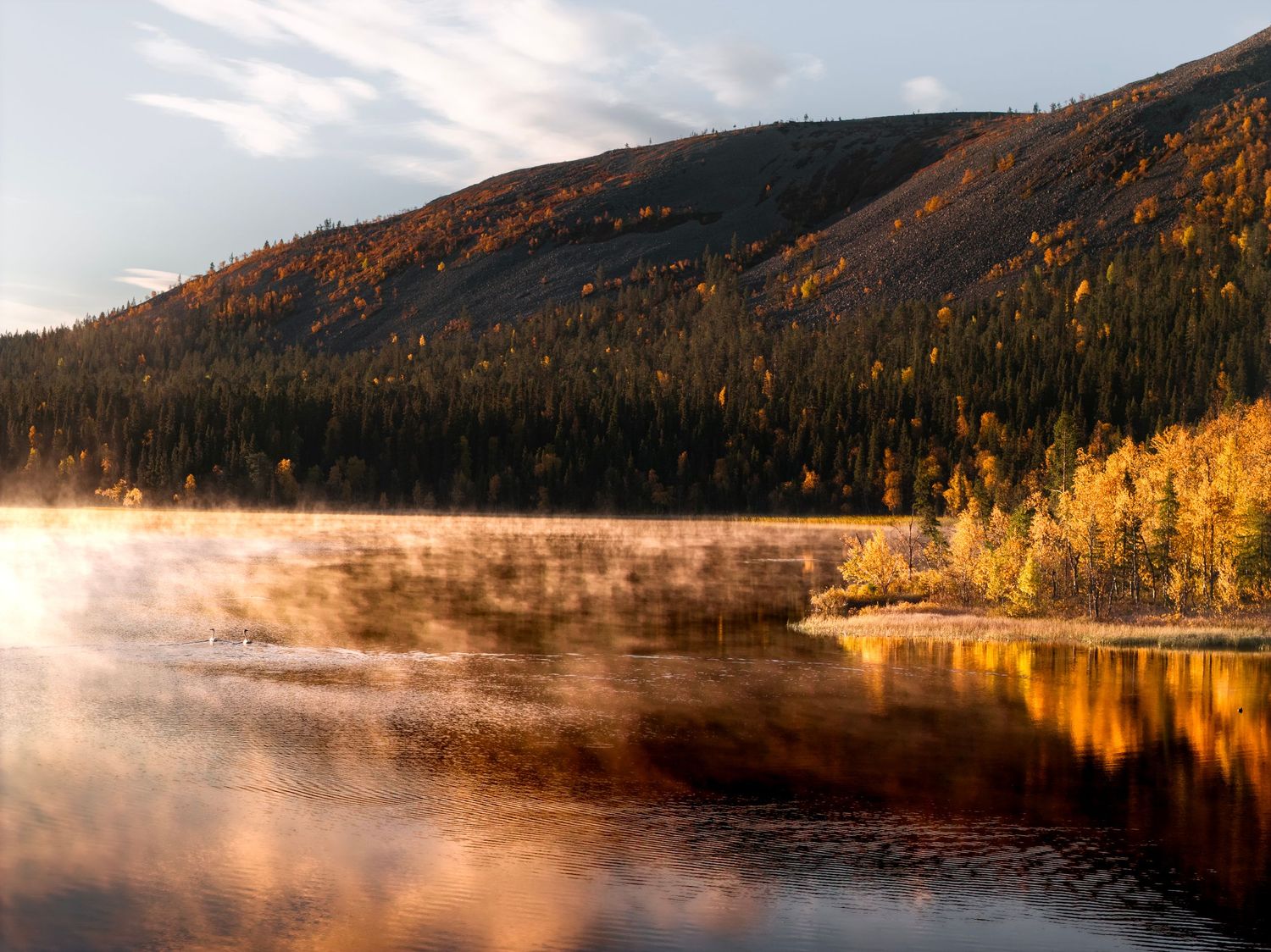 Misty autumn lake at golden hour with forested mountain, glowing fall foliage, and fog rising over calm reflective water.