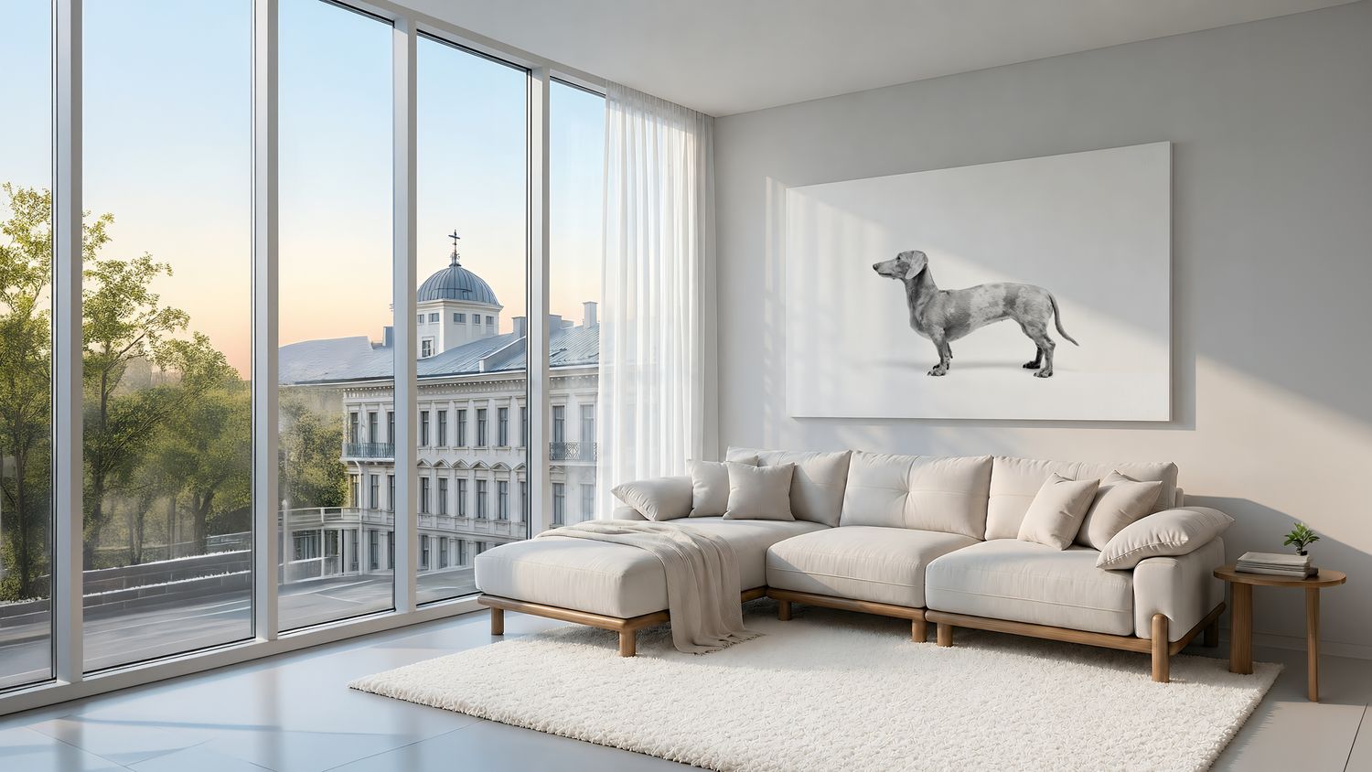 Elegant contemporary living room with panoramic city views showcasing a framed black and white dachshund canvas.