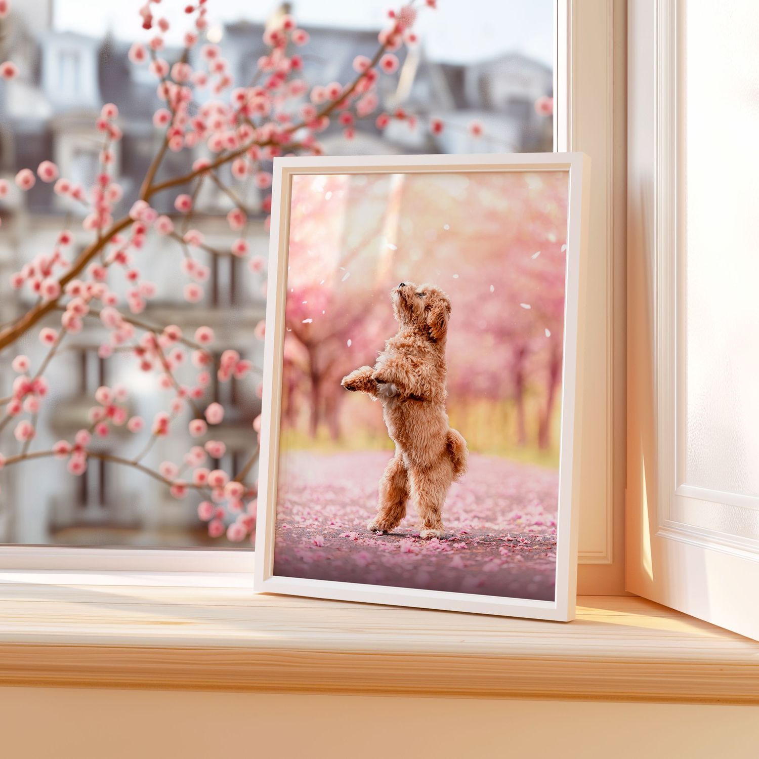 Ein Bild von einem Maltipoo in den Kirschblüten auf einem Fenstersims