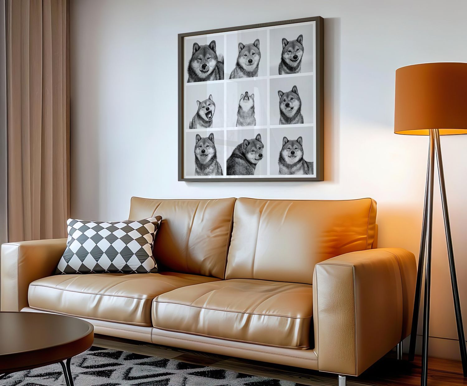 Framed black and white grid of nine Shiba Inu dog portraits hanging above a leather sofa.
