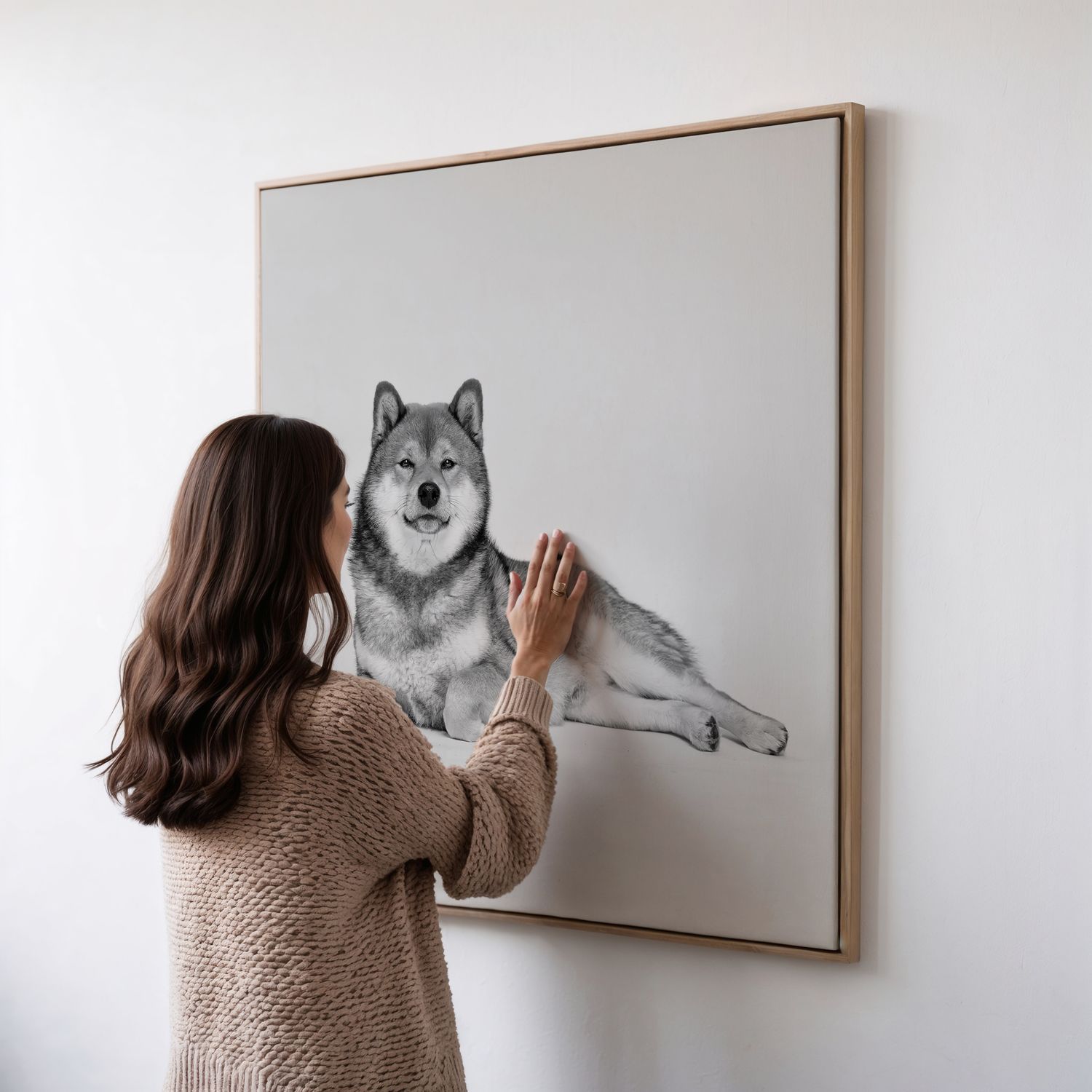 Woman hanging a large black and white framed canvas print of a shiba inu on a white wall.