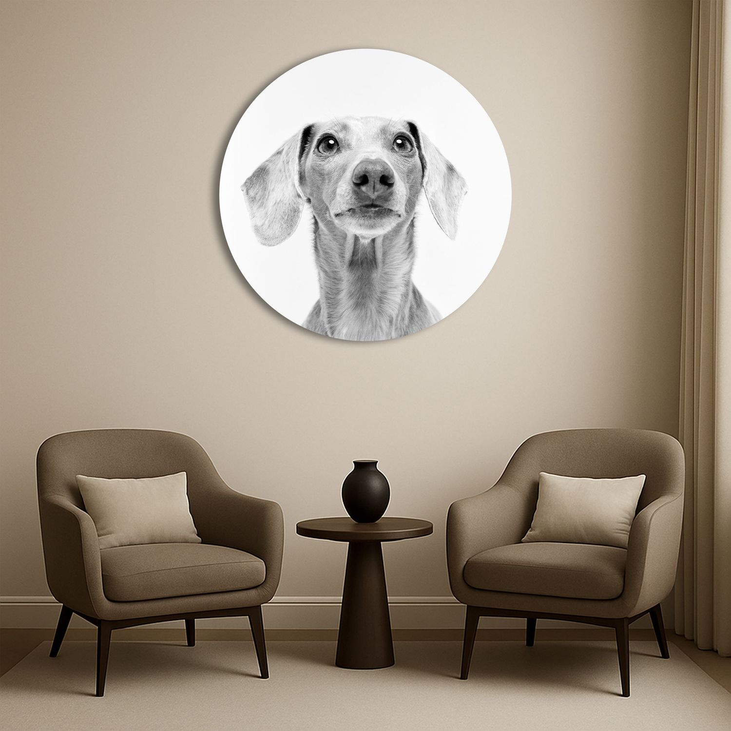 Round black and white dachshund portrait wall art displayed above two brown armchairs.