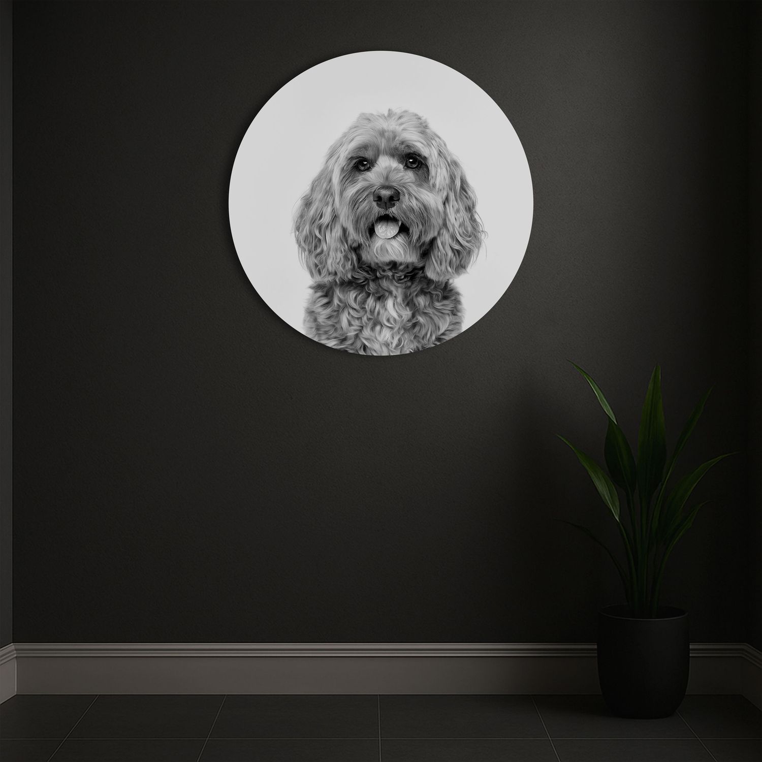 Circular black and white cockapoo dog portrait wall art on dark charcoal wall.