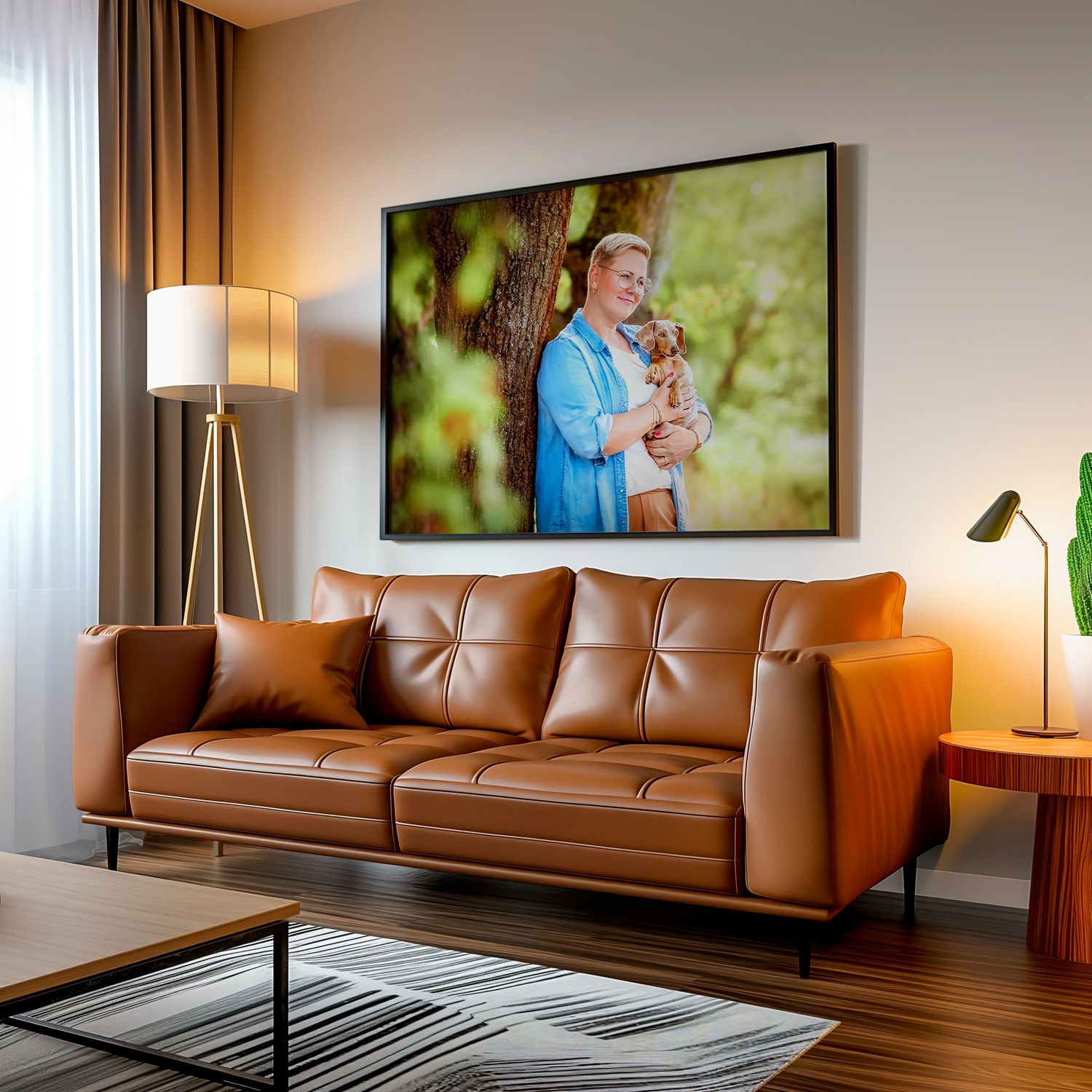 Warm living room with brown leather sofa displaying a large framed portrait of a person holding a small dog.