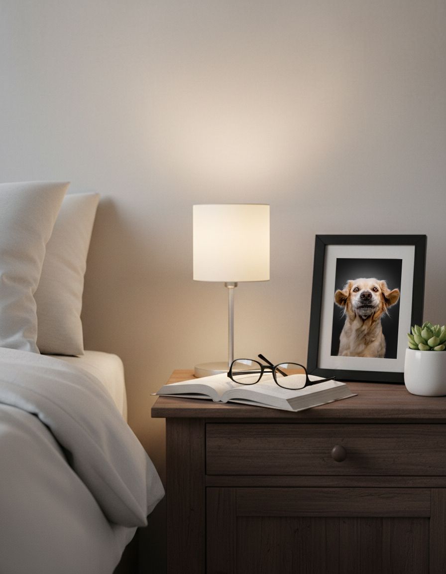 ein Aufgestelltes Portrait eines Hundes im Schlafzimmer
