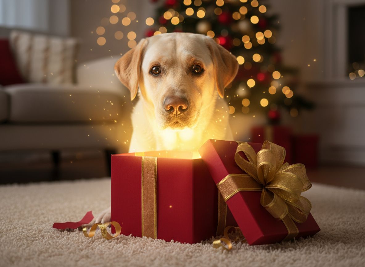 Golden Labrador dog opening a glowing red Christmas gift box near a decorated holiday tree.