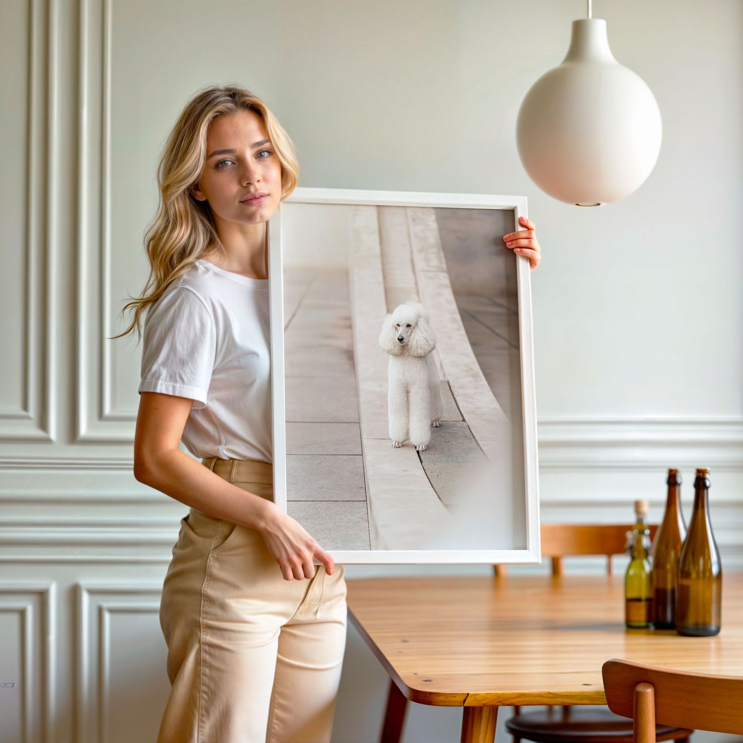 Blonde woman holding a framed photo of a white poodle in a modern dining room.
