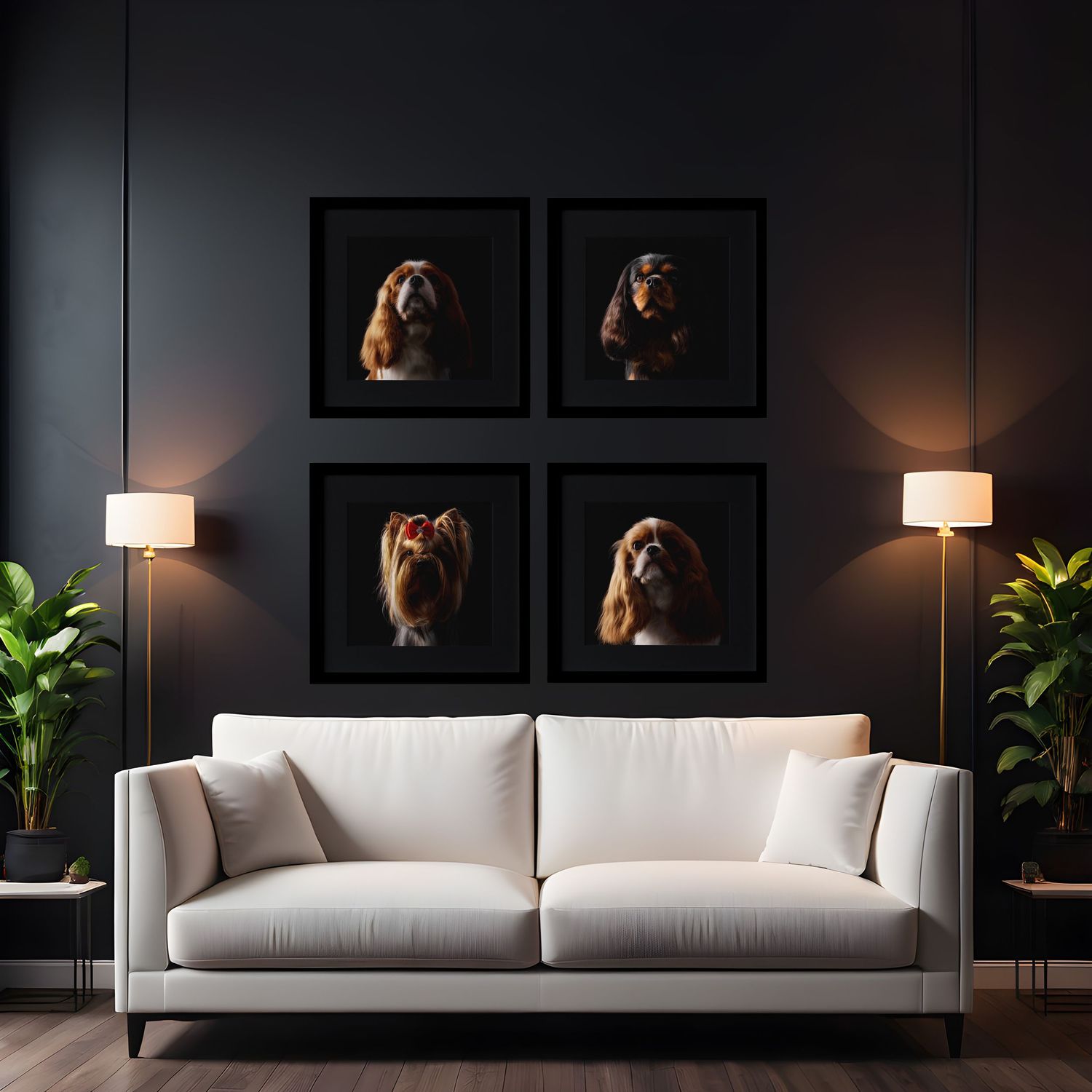 A modern dark living room with a white sofa and four framed dog portrait photos on the wall, illuminated by warm floor lamps.
