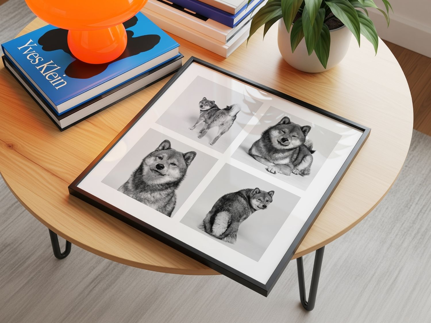 Framed four-panel black and white dog portrait collage displayed on a wooden coffee table.