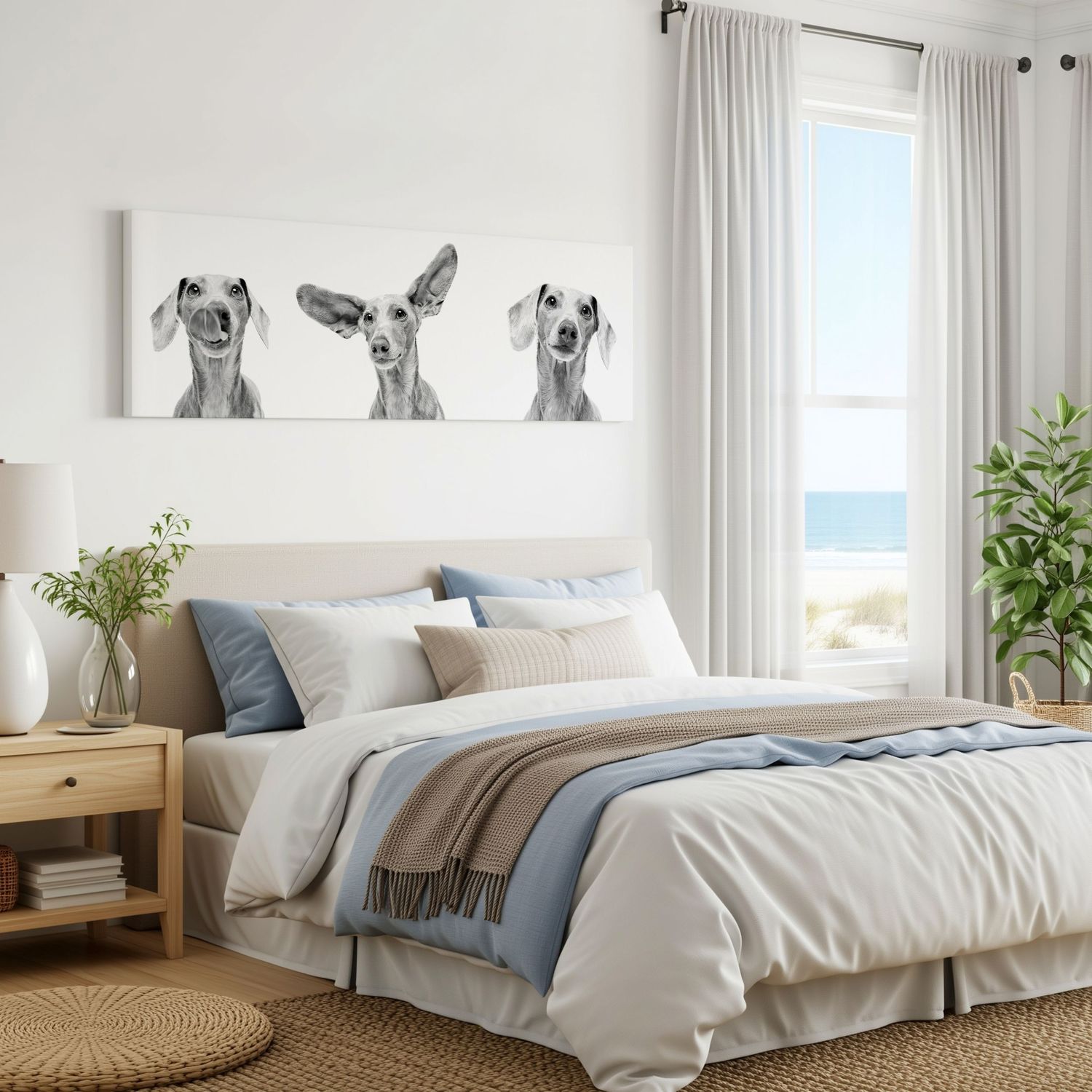 Panoramic black and white canvas print of three dachshunds above a coastal bedroom bed.