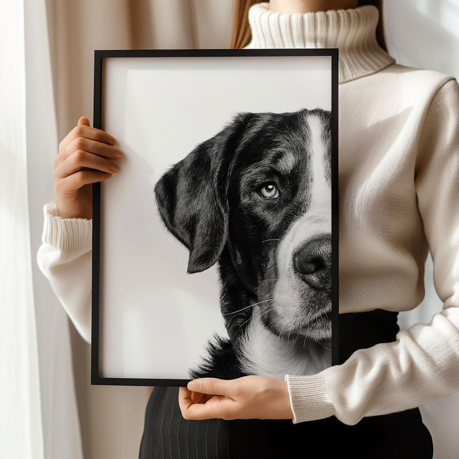 Person in white sweater holding a framed black and white portrait drawing of a Bernese mountain dog.
