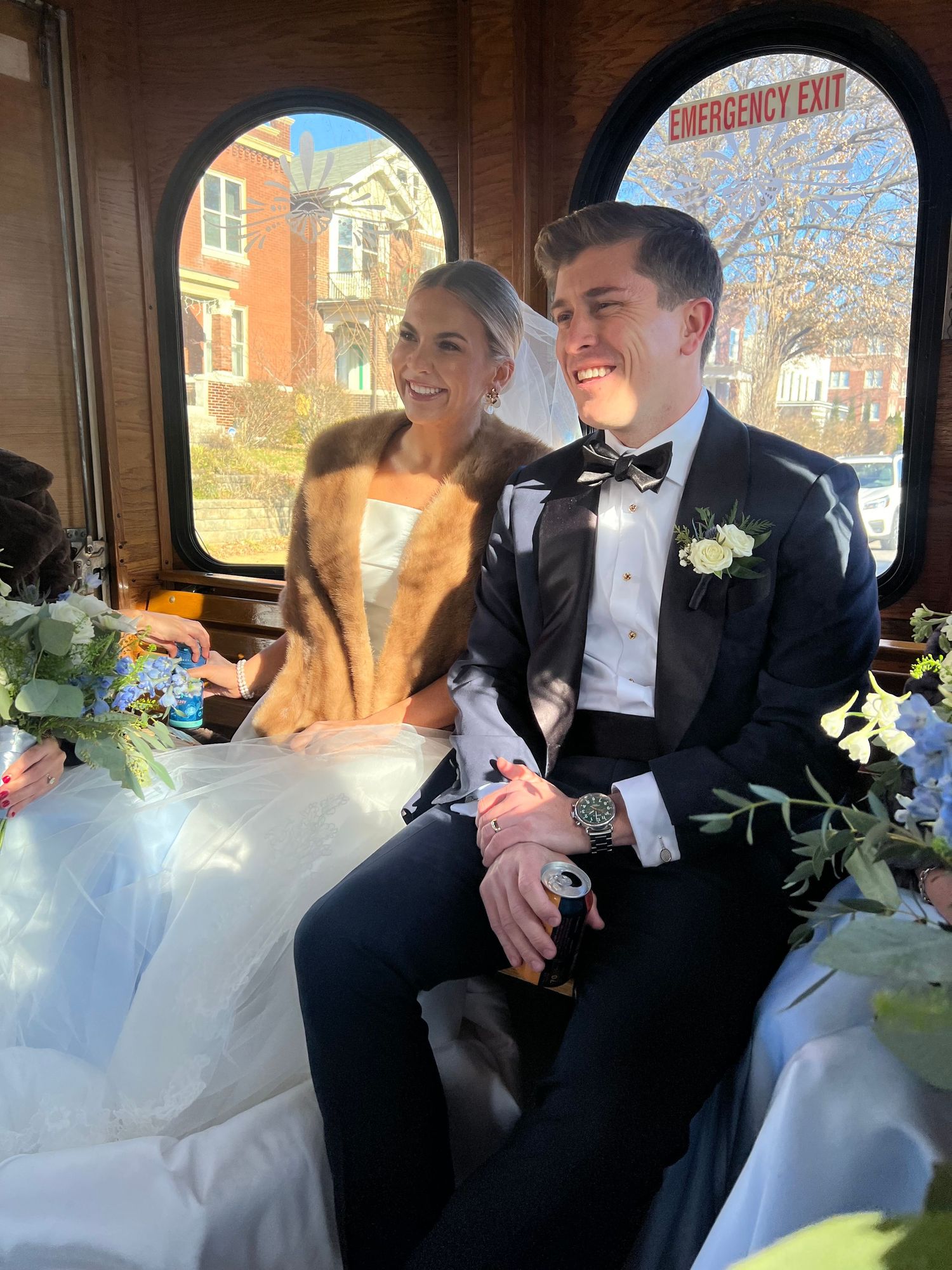 wedding content creation bride and groom on trolley