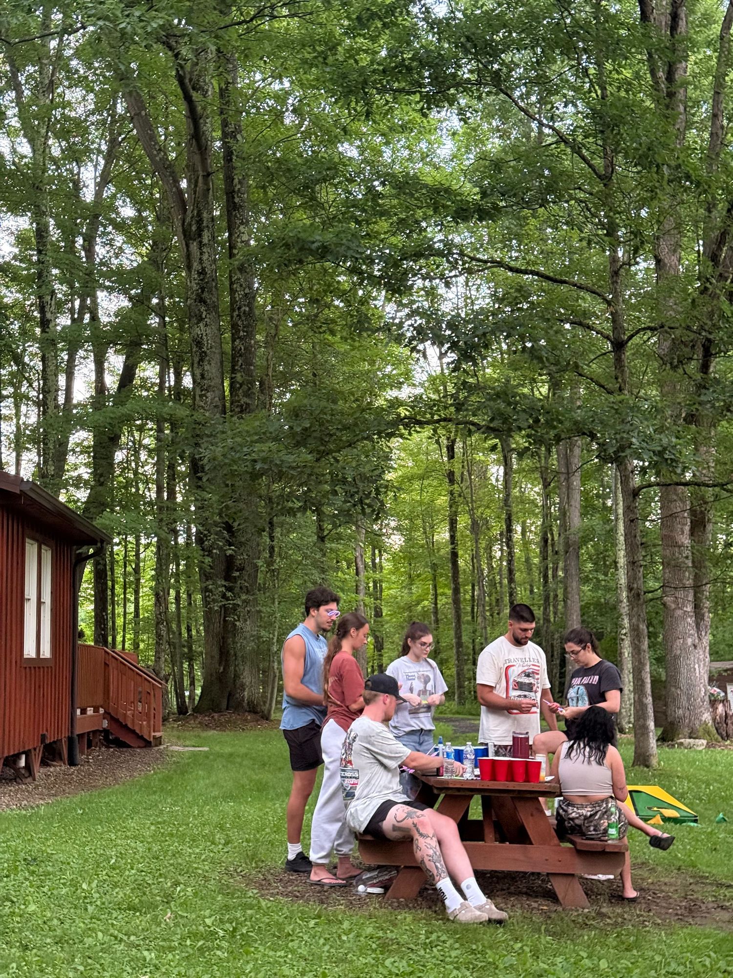 birthday content creation detail shot of decor friends at picnic table