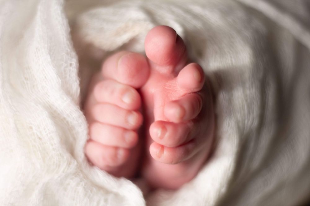 Close-up of tiny newborn baby feet against white fabric. Mauston photographer.