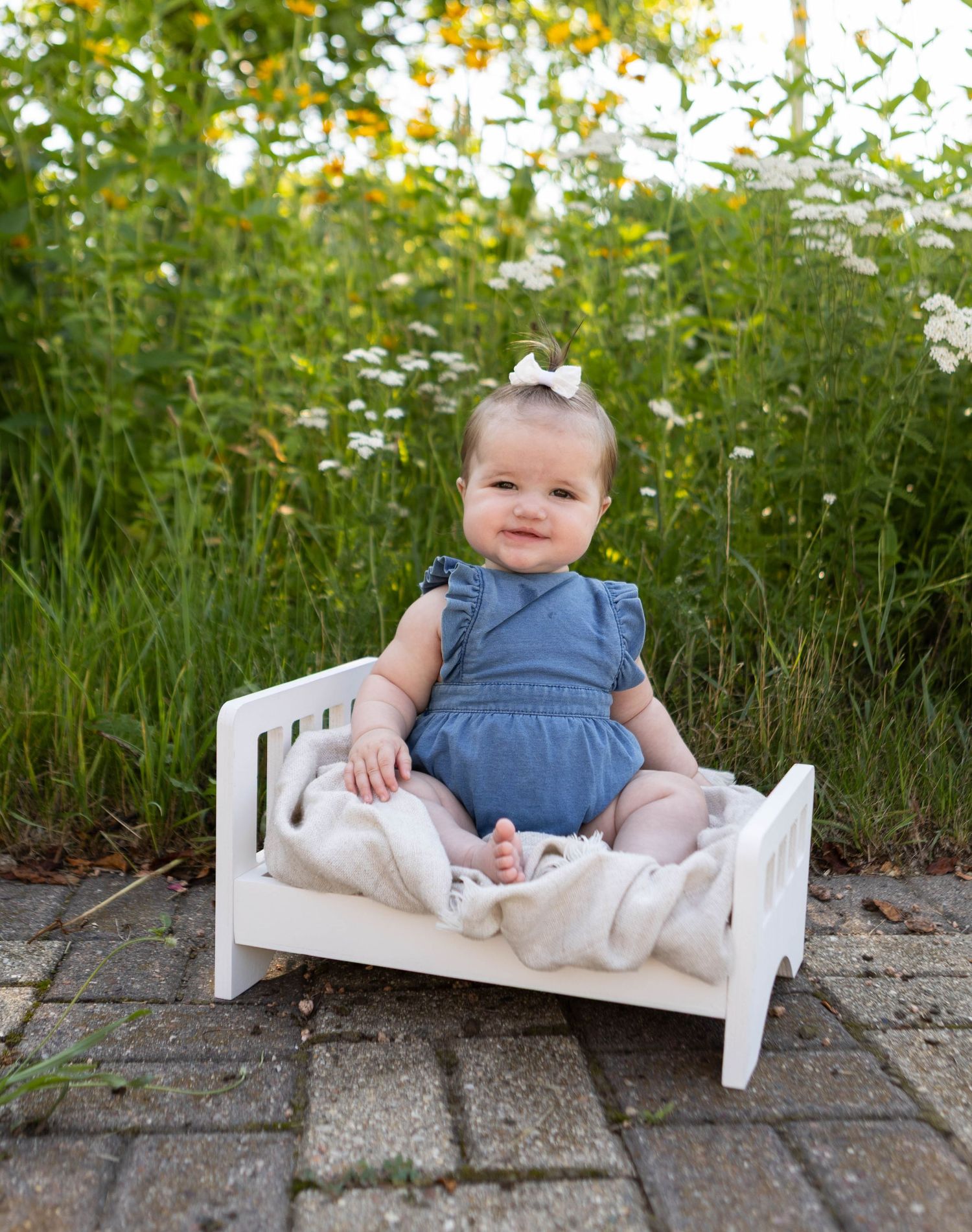 Baby sitting in small white wooden bed surrounded by blooming daisies and greenery. Mauston photographer.