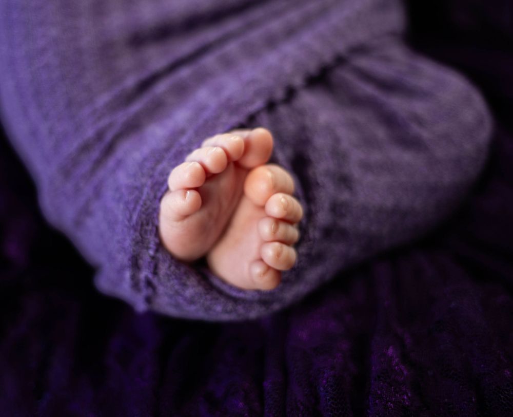 Close-up of tiny baby feet against purple textured fabric. Mauston photographer.