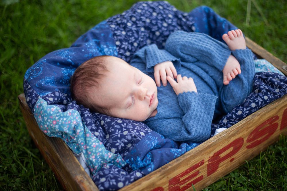 Newborn baby sleeping in vintage wooden box with blue floral bedding. Mauston photographer.