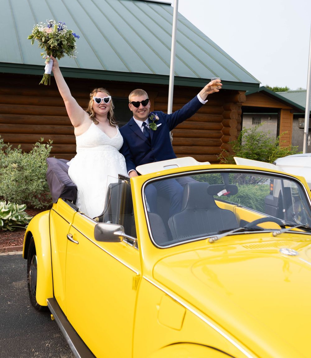 A vintage yellow sports car photographed in a sequence showing people celebrating and posing with it. Mauston photographer.