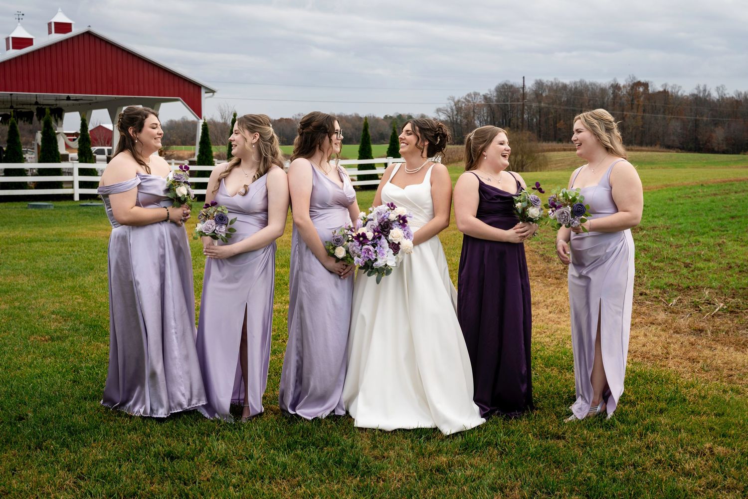 Bride in white gown with five bridesmaids in lavender dresses on green farm lawn.