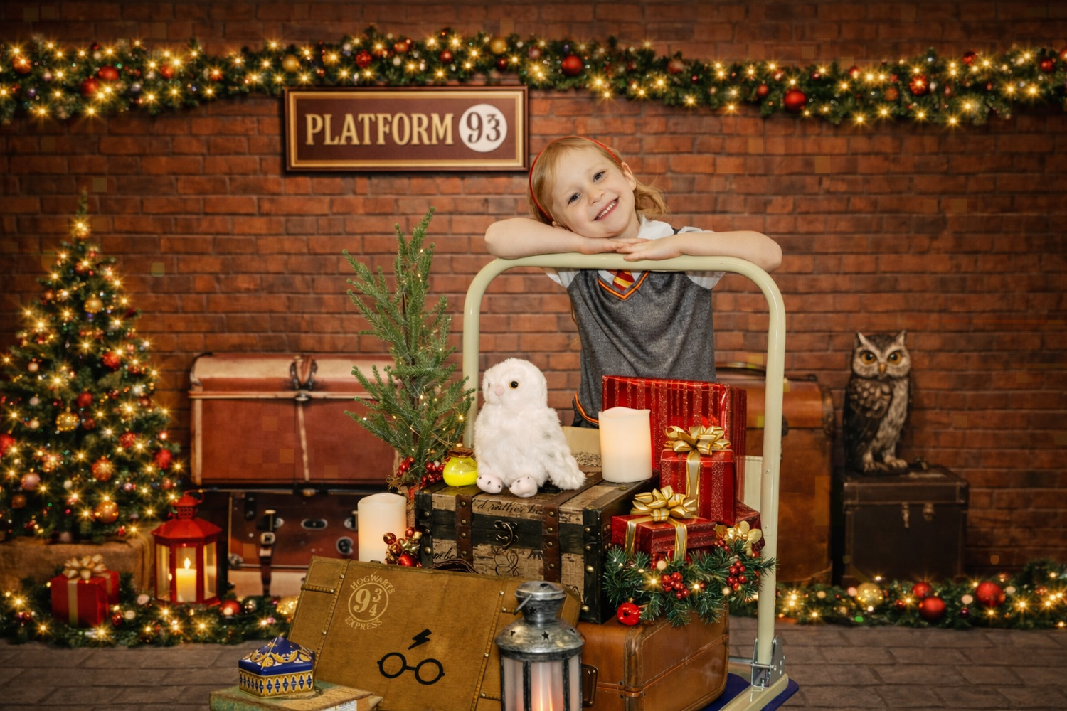Child posing at Harry Potter Platform 9 3/4 Christmas backdrop with owl, Hedwig plush, gifts, and fairy lights.