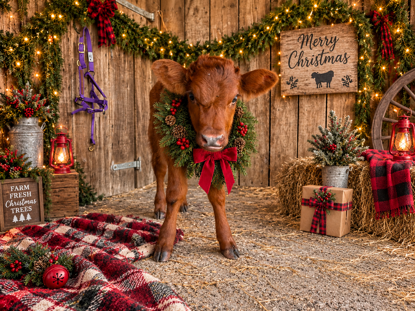 A brown calf wearing a Christmas wreath stands in a festively decorated barn with garlands, lanterns, and a Merry Christmas sign.