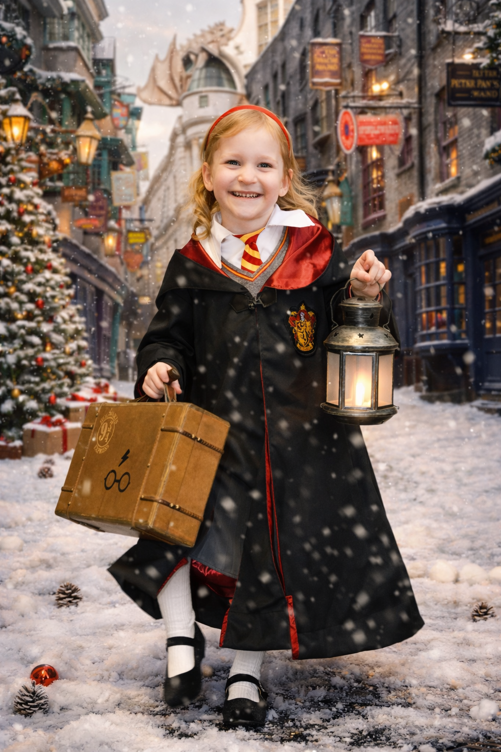 Young girl in Hogwarts costume holding lantern and trunk in snowy Diagon Alley Christmas scene.