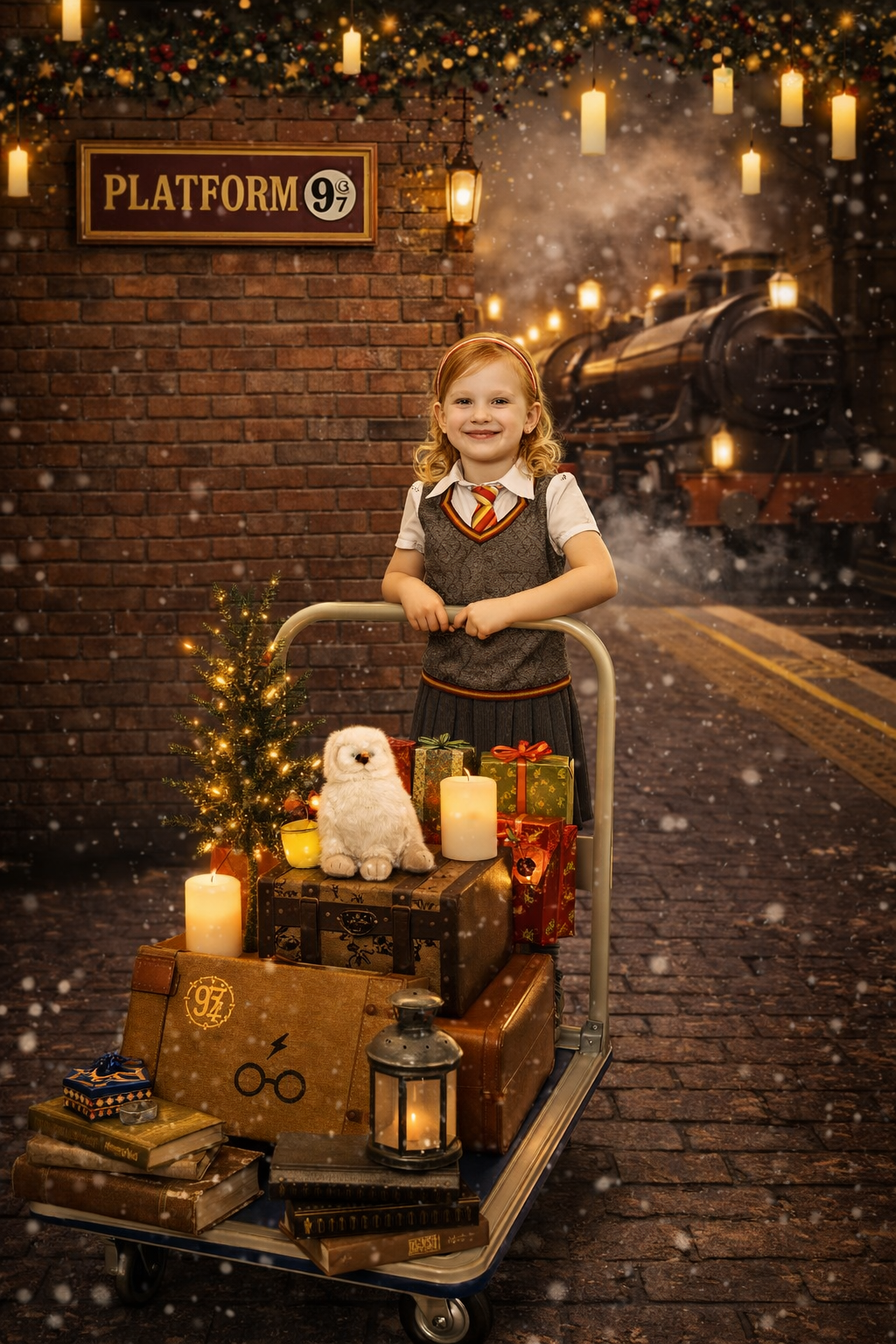Young girl in Hogwarts uniform at Platform 9¾ with luggage cart, gifts, candles, and Hedwig owl plush in snowy scene.