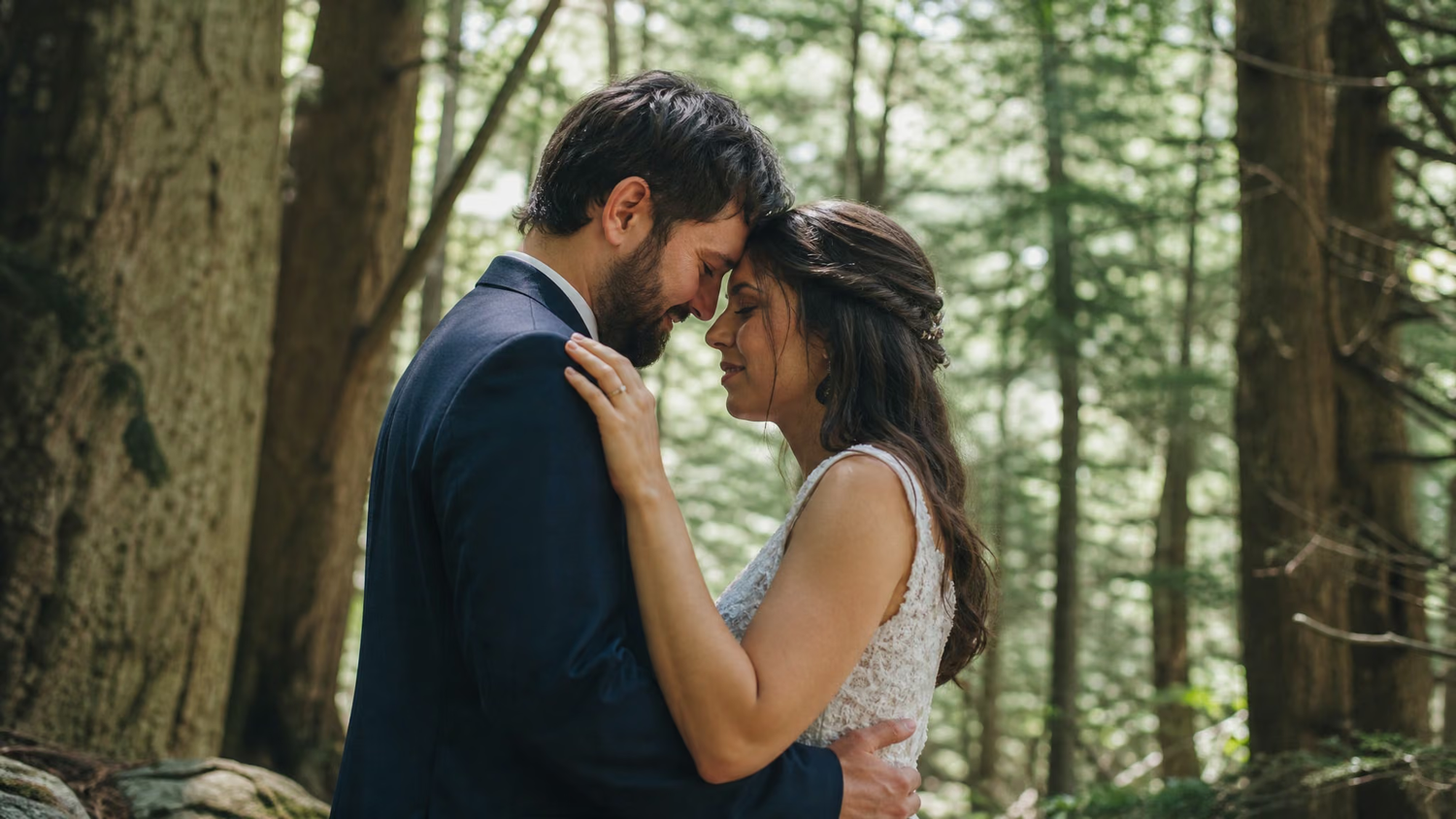 A bride and groom share an intimate moment in a lush forest setting, foreheads touching in a romantic embrace.