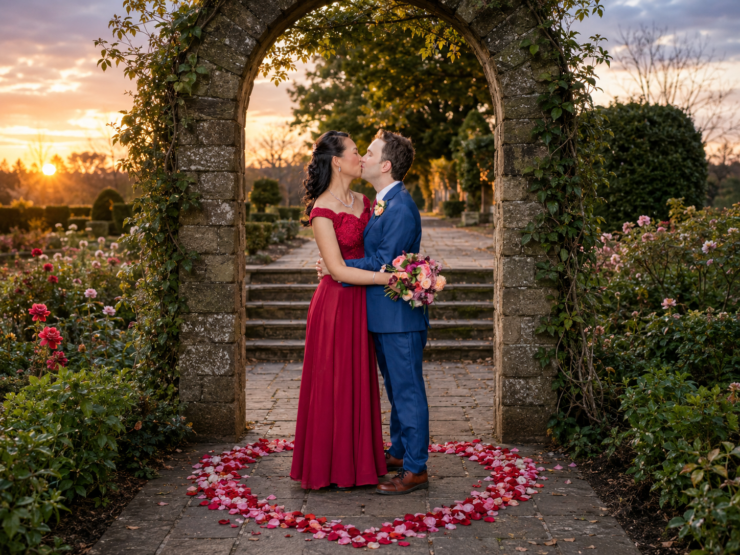 Couple kissing under stone arch at sunset in rose garden, woman in red gown, man in blue suit, rose petals on ground.