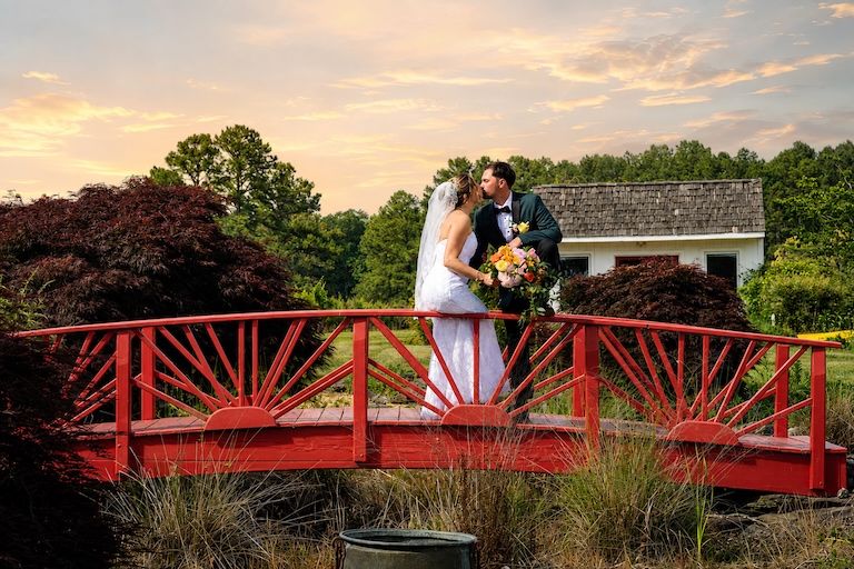 Bride and groom kissing on a red bridge at sunset, surrounded by lush greenery at an outdoor wedding venue.