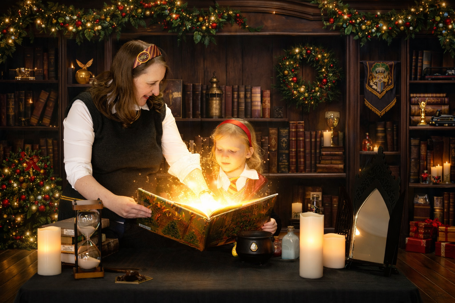 Woman and girl opening a magical glowing Christmas book surrounded by candles and festive decorations.
