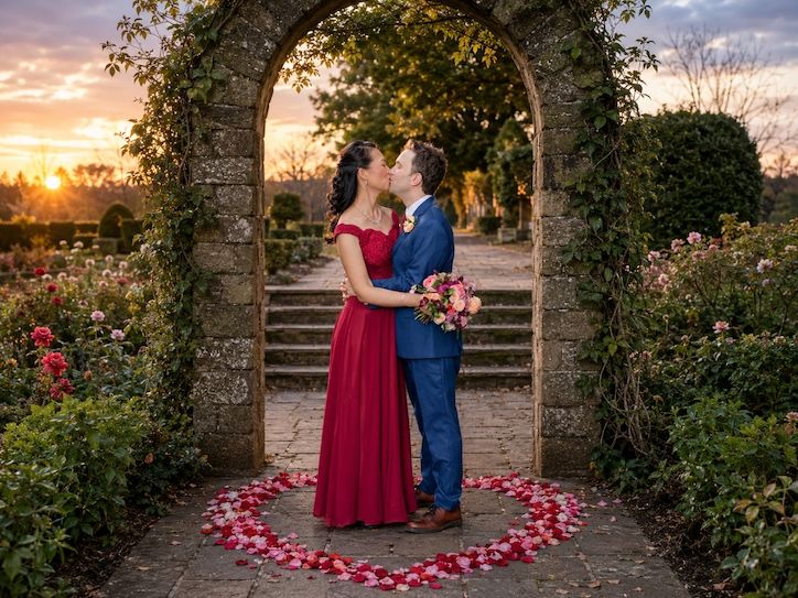 Couple kissing under stone arch at sunset in rose garden, woman in red gown holding bouquet, rose petals on ground.