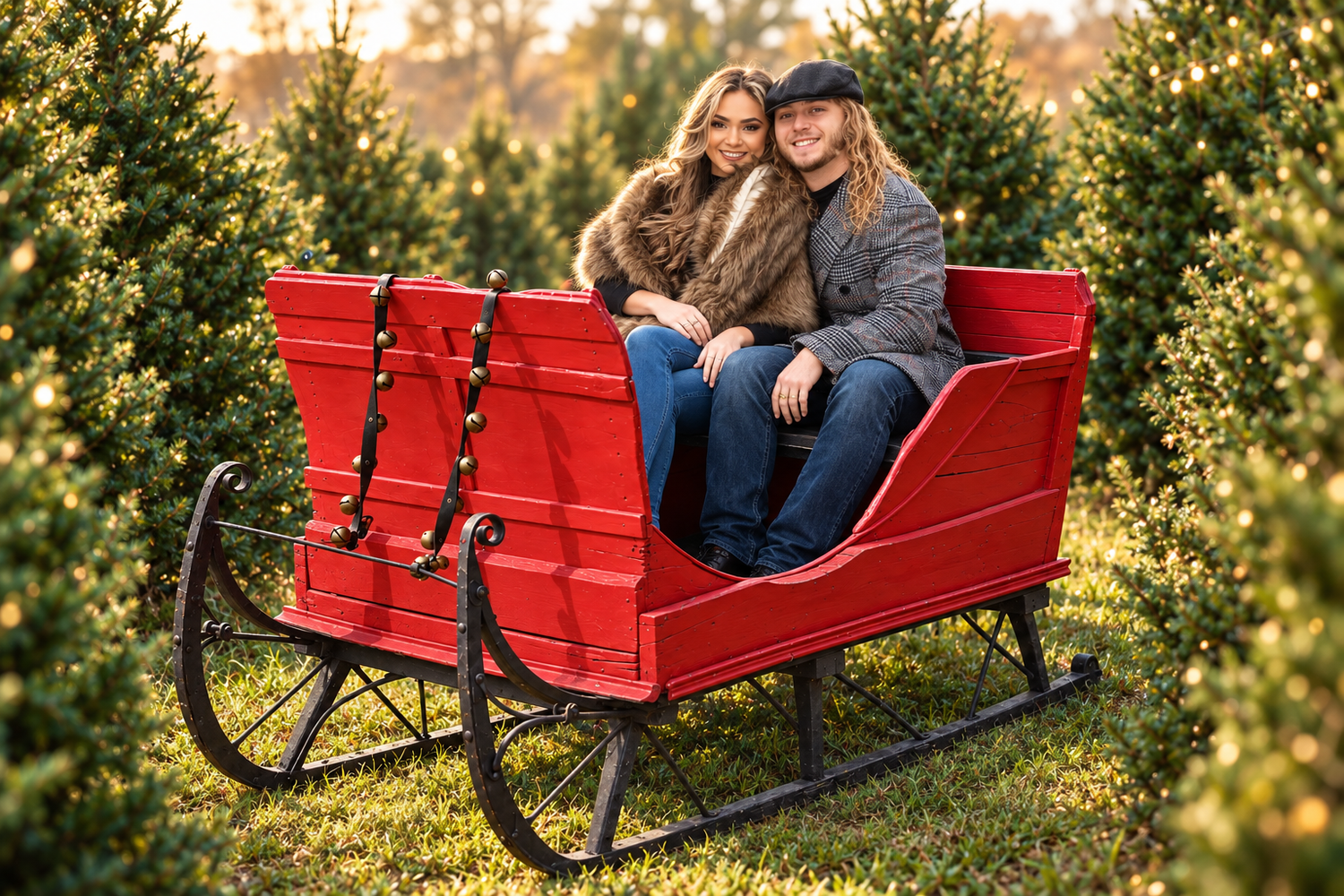 Two women sitting in a red vintage sleigh surrounded by lush green Christmas trees at a festive tree farm.