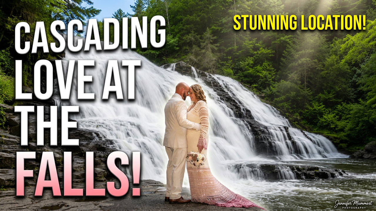 Couple embracing in front of a stunning cascading waterfall, bride in white gown, groom in suit, lush green surroundings.