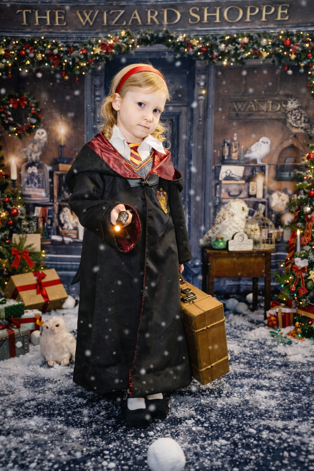 Young girl in Hogwarts robe holding wand at a Harry Potter themed Wizard Shoppe Christmas photo set.