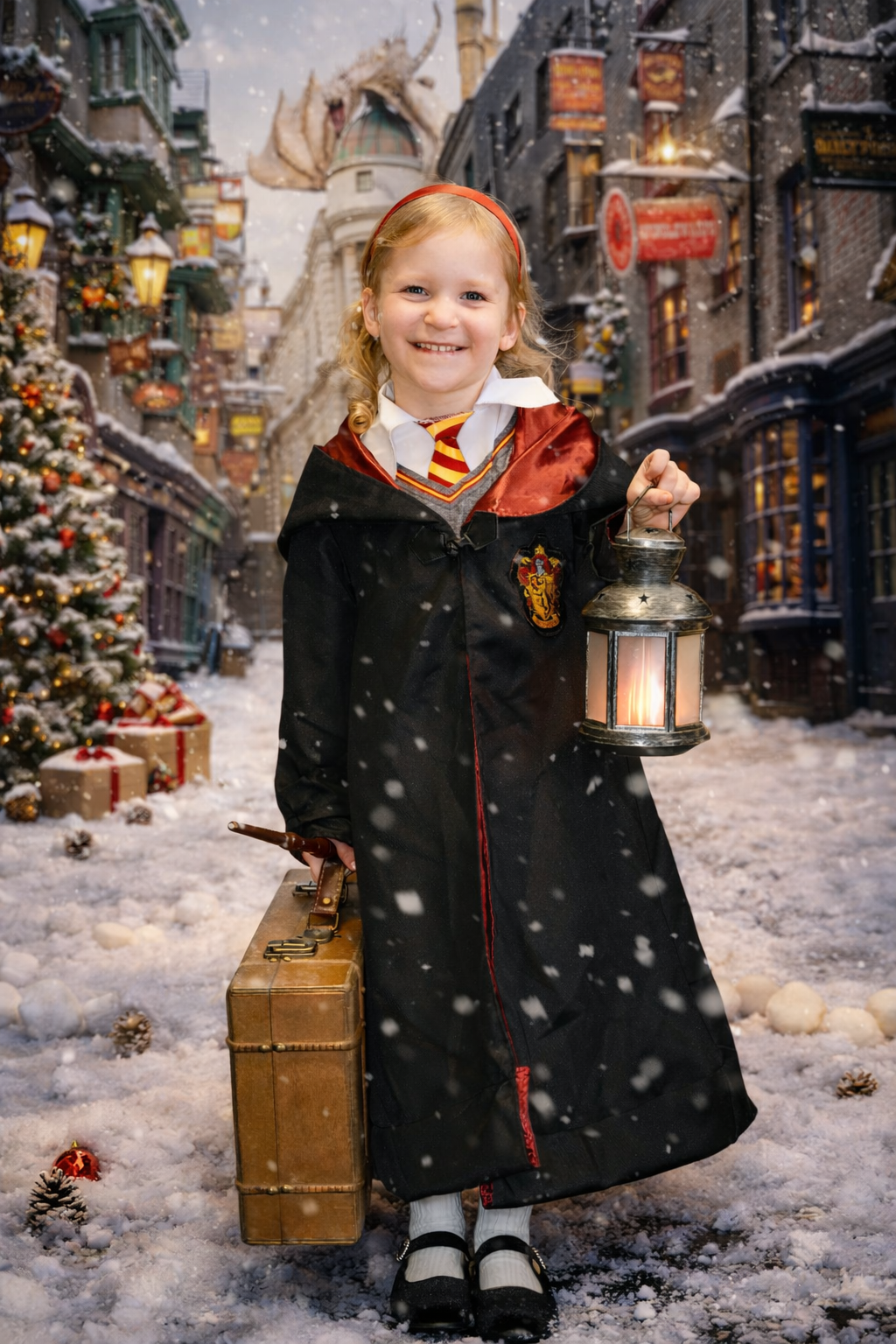 Young girl in Hogwarts Gryffindor robe holds lantern and suitcase on snowy Diagon Alley street at Christmas.