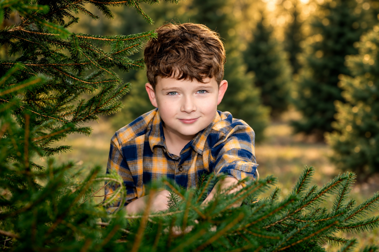 A smiling boy in a plaid shirt poses among lush green Christmas trees at a tree farm.