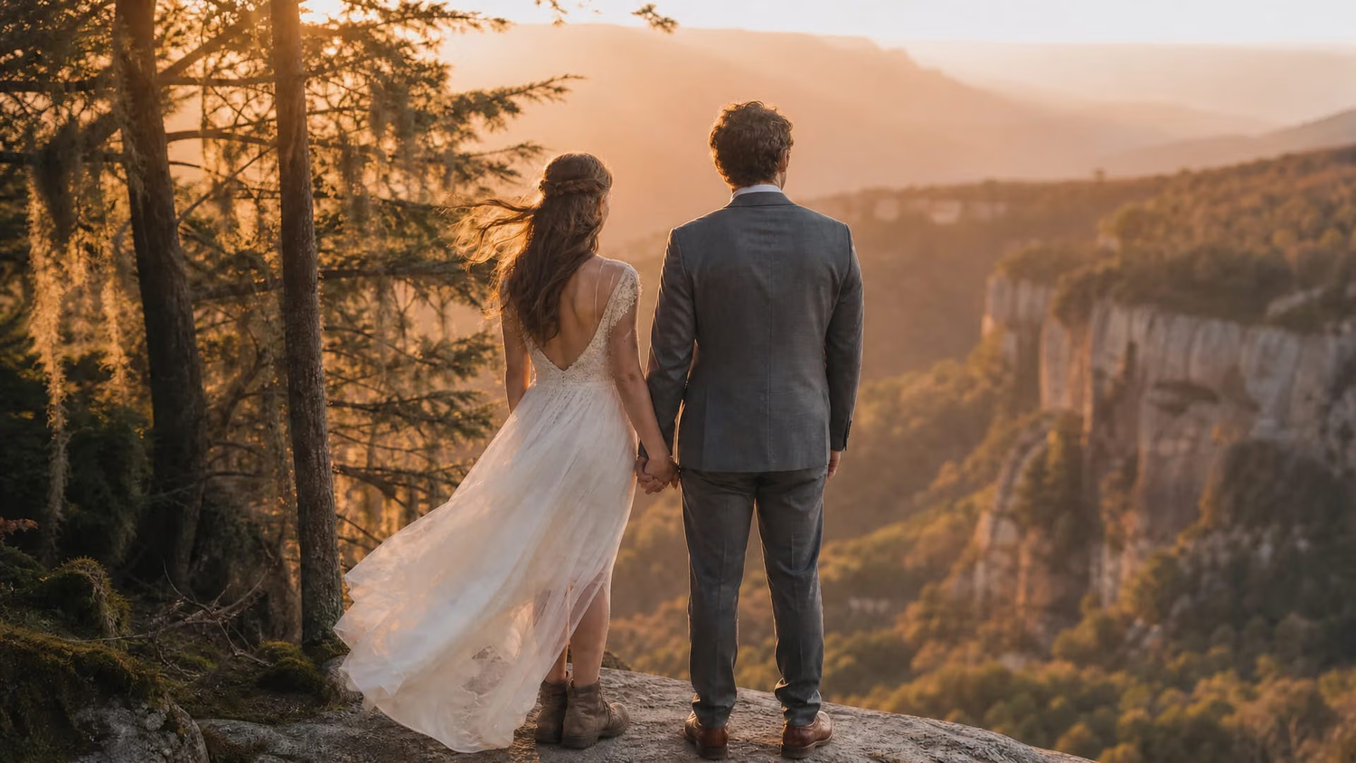 A bride and groom hold hands on a rocky cliff overlooking a stunning mountain valley at golden sunset.