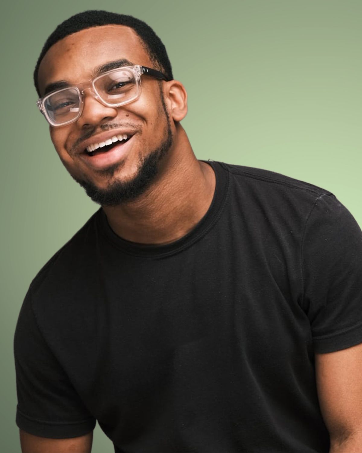 Series of expressive headshots showing joyful smiles against a green background.