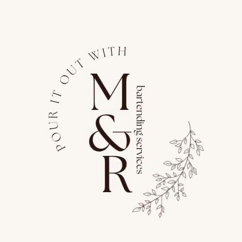 M&R bartending services logo with elegant typography, floral branch, and 