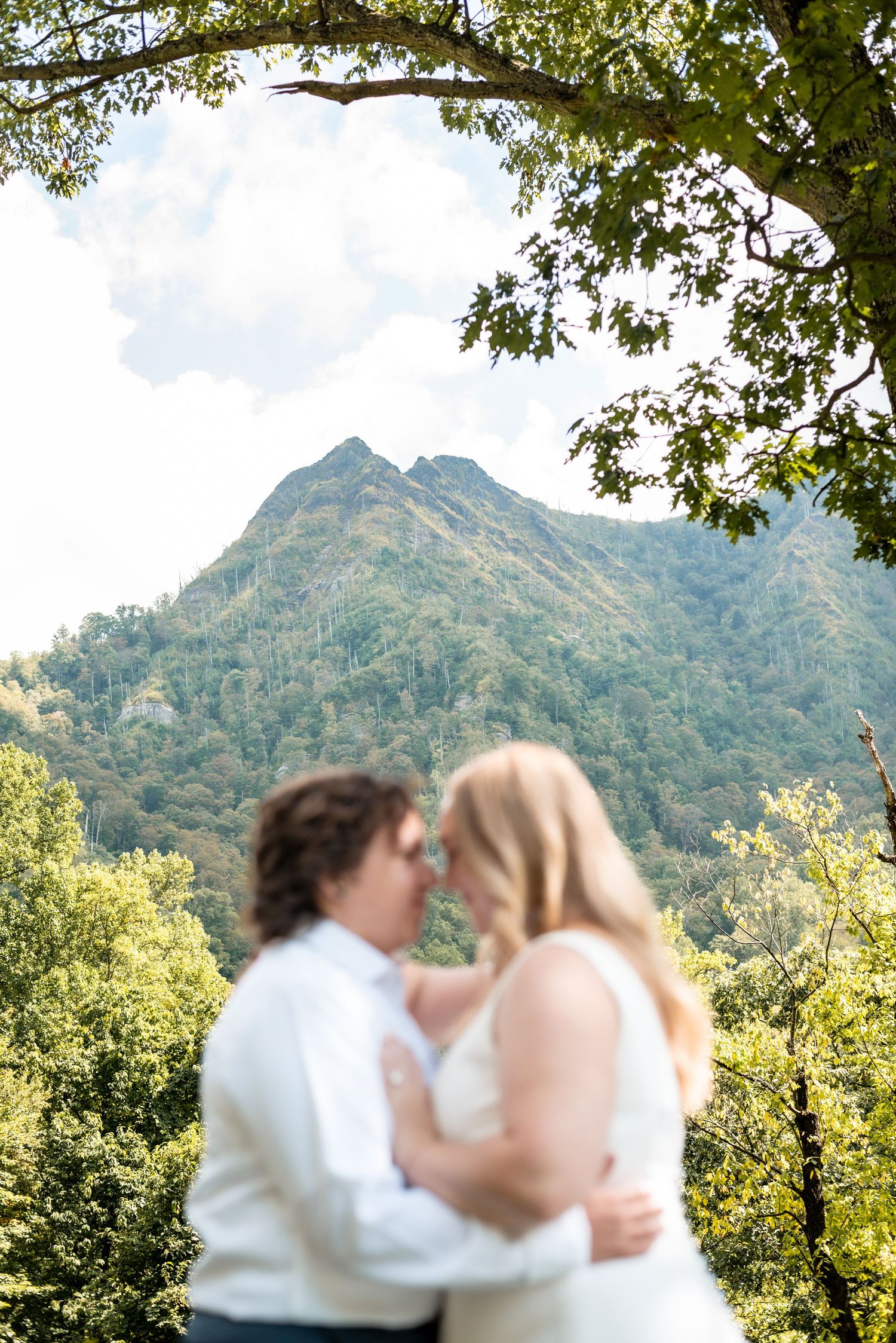 Mountain vista wedding portrait with dramatic peaks and lush greenery.