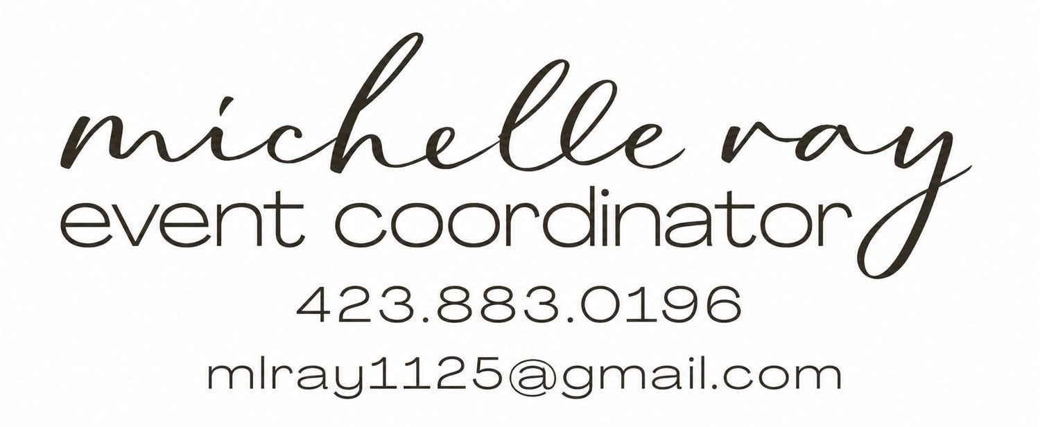 Michelle Ray event coordinator business card with phone number 423.883.0196 and email mlray1125@gmail.com.