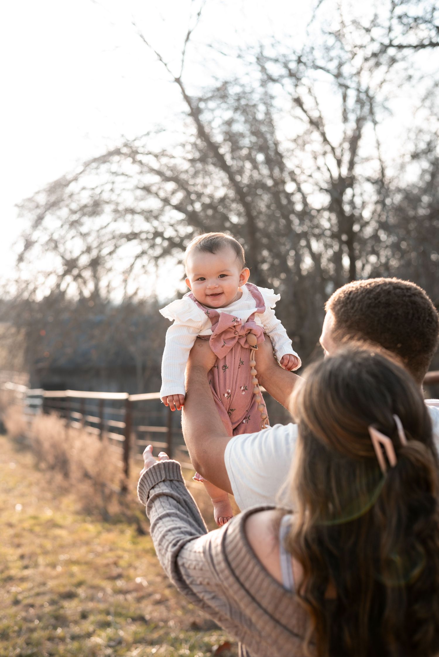 Baby being lifted into the air against a backdrop of bare trees at sunset.