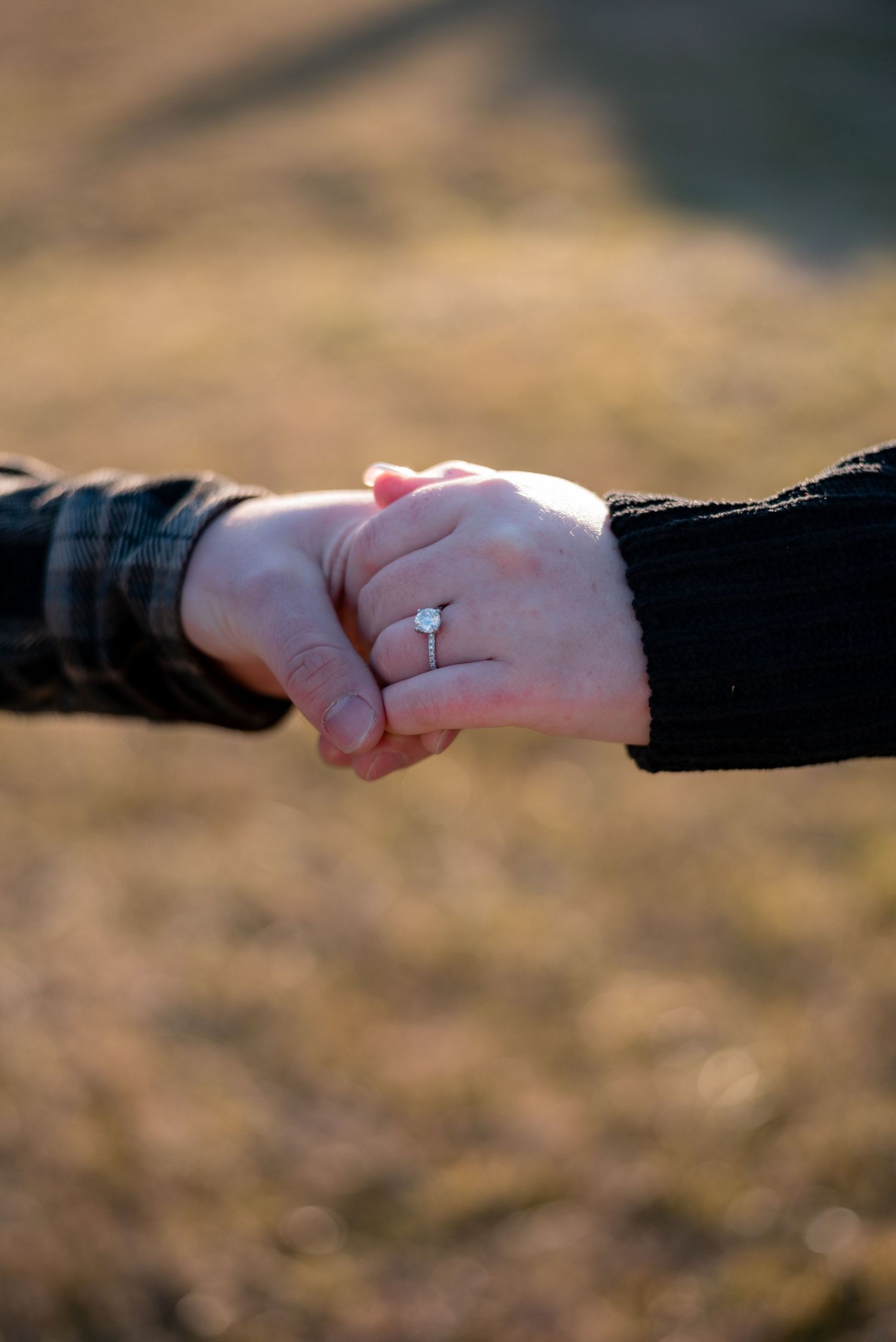 Close-up of hands reaching across with an engagement ring in a romantic outdoor setting.